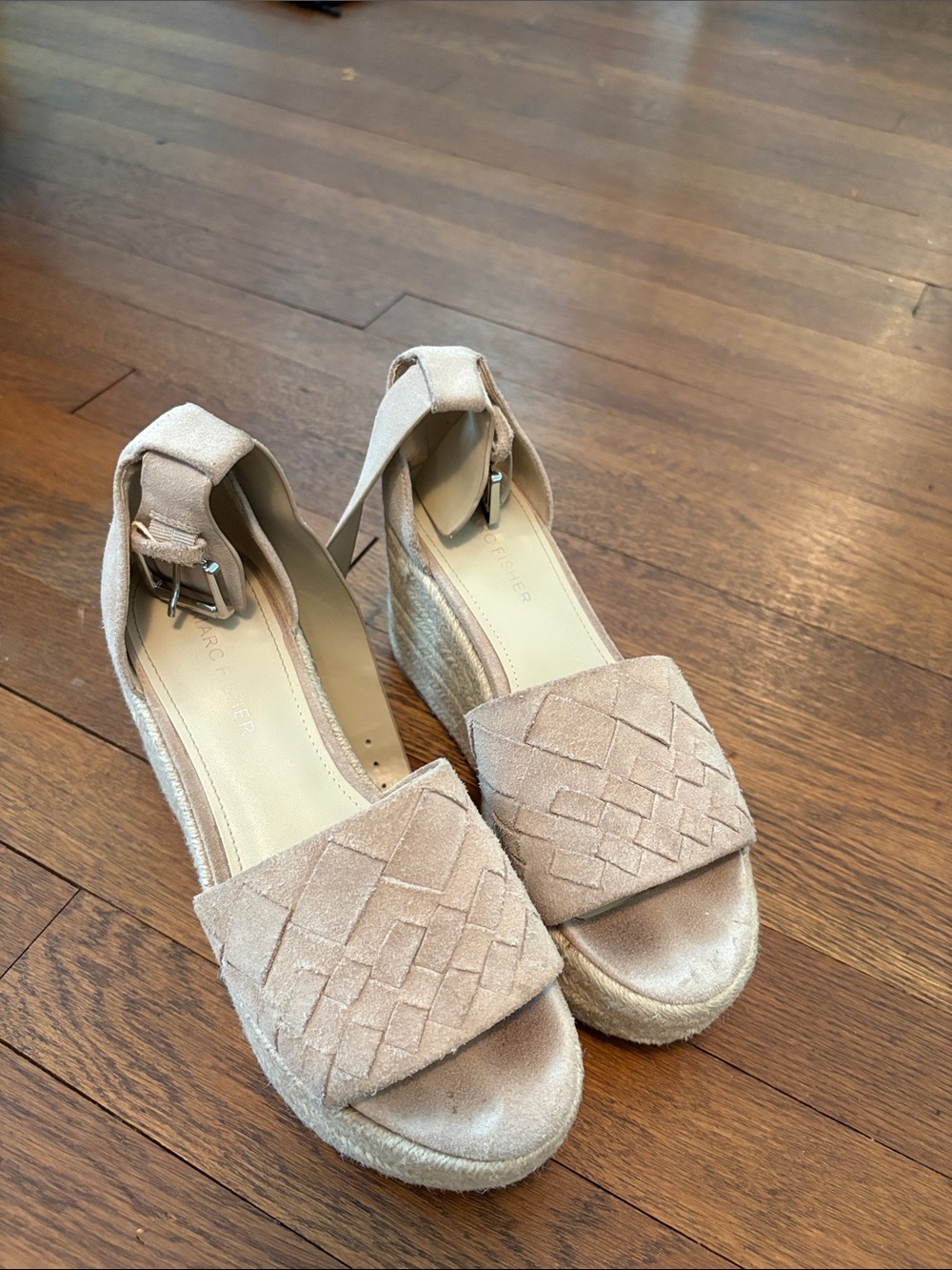 Marc Fisher Beige Suede Woven Espadrille Wedges
